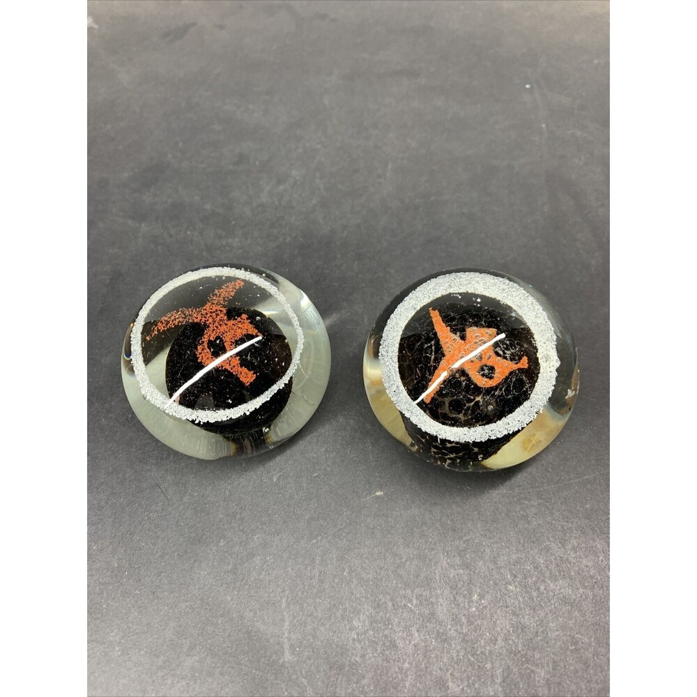 Vintage Pair Of Glass Paperweight Orange, With White Ring 3” W, 2.5” H